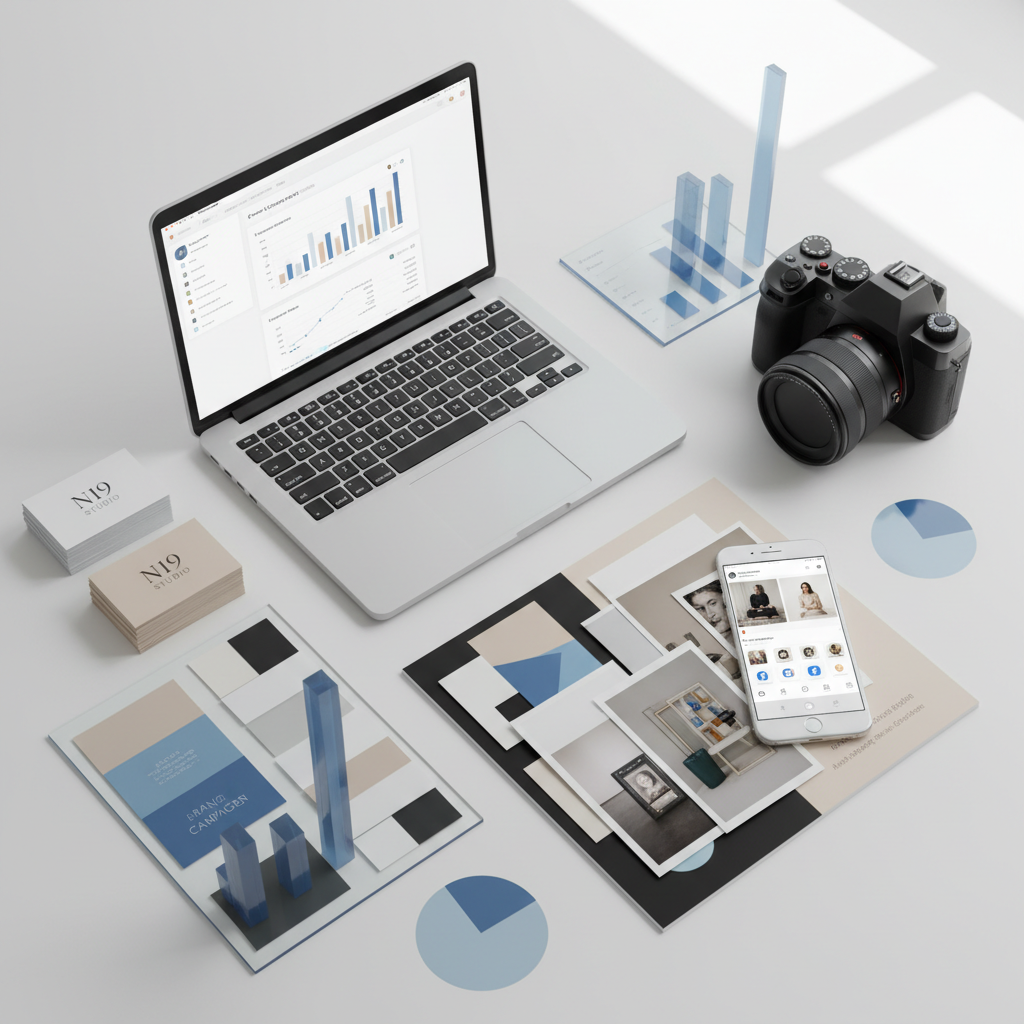 Imagen cuadrada, ultra-nítida y sofisticada para la sección de Servicios de N19 Studio, un estudio de marketing digital premium. Vista cenital de un escritorio minimalista en tonos blanco, beige y negro con acentos en azul suave #d5e5ff (color de la marca). Sobre la mesa, una composición ordenada de elementos que representen los servicios: un portátil mostrando un dashboard de e‑commerce, tarjetas de visita y un moodboard de branding, una cámara o fotos impresas para fotografía de marca, un móvil con redes sociales abiertas para social media, y gráficos de campañas de ads. Estética muy limpia, contemporánea y profesional, sensación de estudio boutique de alto nivel, sin personas, estilo fotográfico realista.