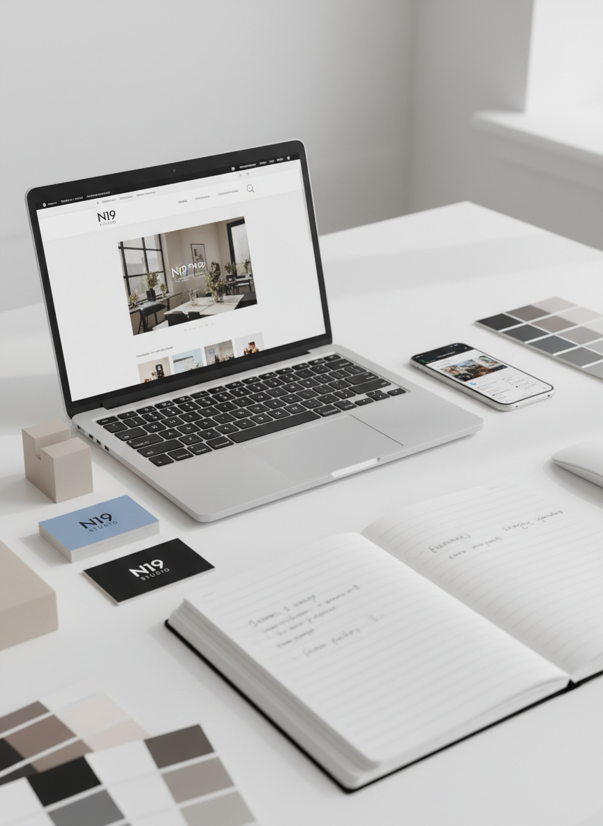 Imagen vertical, ultra-nítida y sofisticada para la sección "Somos tu estudio digital" de N19 Studio, un estudio boutique de marketing digital premium. Estilo coherente con el hero y la sección de Servicios: escena fotográfica minimalista en tonos blanco, beige y negro con acentos en azul suave #d5e5ff (color de la marca). Vista ligeramente lateral de un escritorio creativo: portátil mostrando una web elegante de N19 Studio, tarjetas de visita con el logo N19 en negro sobre fondo azul #d5e5ff, cuaderno abierto con notas de estrategia, móvil con redes sociales abiertas y algunos detalles de diseño (paleta de color, pequeñas maquetas de marca). Luz natural suave, fondo limpio desenfocado, sin personas, sensación de estudio digital profesional y cercano.