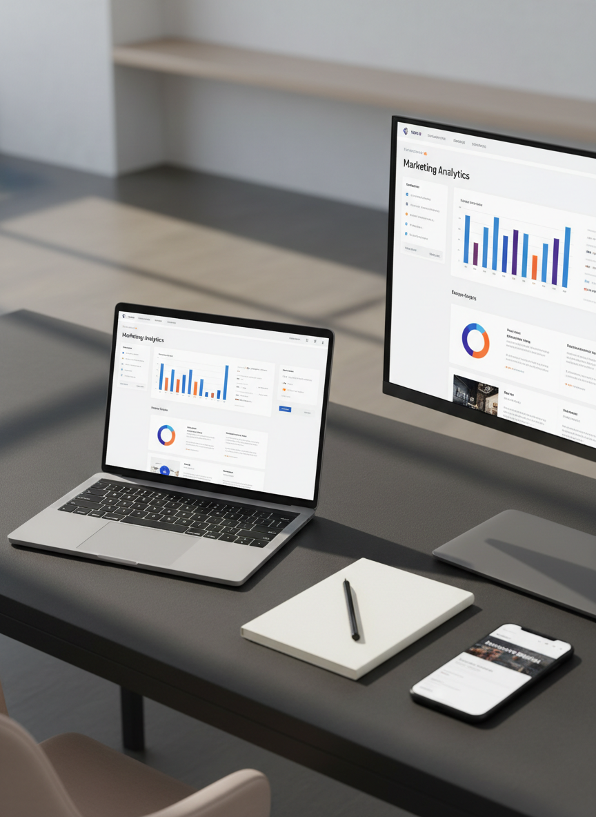 A sleek, ultra-modern digital workspace seen from an elevated angle, featuring a thin silver laptop open on a dark matte desk beside a high-resolution monitor displaying an elegant marketing dashboard with clean graphs and bold accent colors. Around it, neatly arranged are a minimalist notebook, a black stylus, and a smartphone showing a polished website homepage. Soft, diffused daylight from an unseen window washes over the scene, creating subtle reflections on metallic surfaces and gentle shadows along the desk edge. The background fades into a tasteful blur of neutral tones, emphasizing focus and precision. Photographic realism with a clean, sophisticated aesthetic, sharp focus on the screens, and shallow depth of field to convey strategic clarity and premium digital expertise.