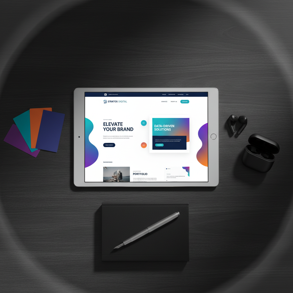 A luxurious, ultra-sharp close-up of a tablet lying flat on a dark wooden table, its luminous screen showcasing a beautifully designed homepage for a digital marketing agency, with refined typography, geometric layouts, and vibrant accent gradients. Surrounding the tablet are carefully placed color swatches, a pair of sleek wireless earbuds, and a pen resting on a slim black notebook, all arranged with symmetrical precision. Soft studio lighting from the left creates controlled highlights along the tablet’s brushed metal edges and gentle shadows that add depth and contrast. The mood is sophisticated and focused, emphasizing quality design and strategy. Photographic realism, shot from a slightly top-down perspective with crisp detail and a subtle bokeh on the far edges of the frame for a polished, professional atmosphere.