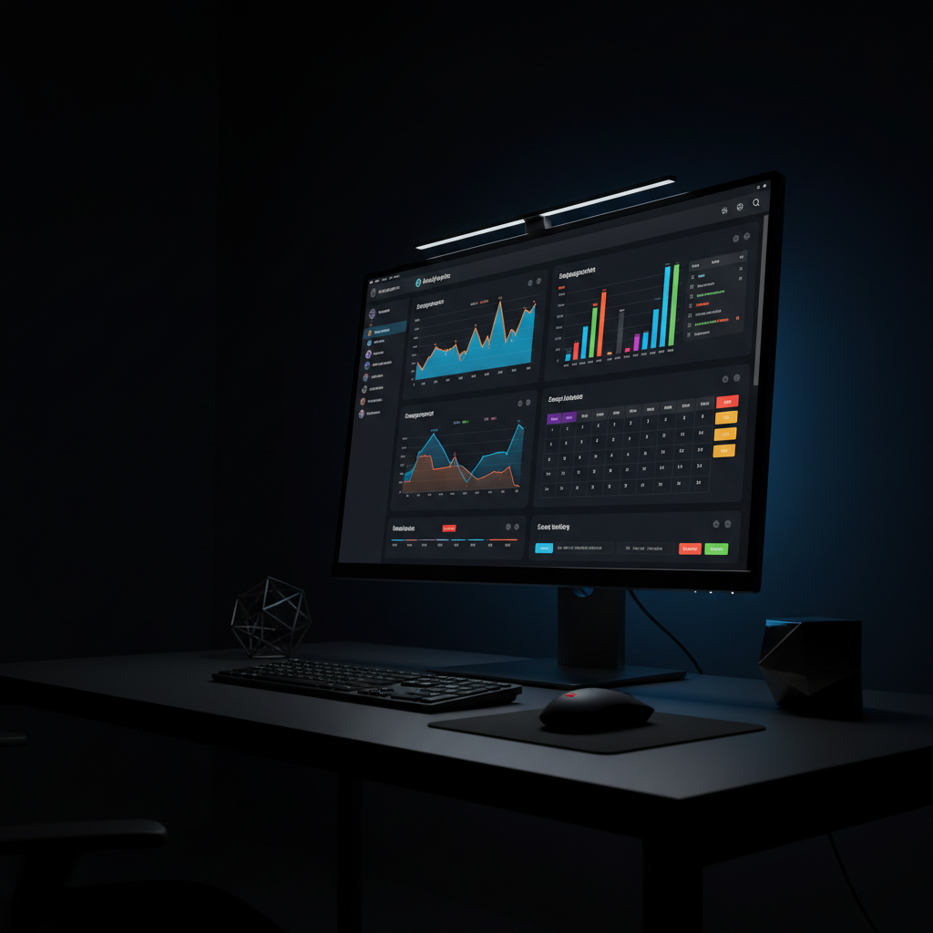 A dramatic, photographic night-time scene of a dark studio desk illuminated by the cool glow of a single monitor, its screen filled with a complex social media analytics dashboard featuring engagement graphs, audience segments, and scheduling tools in vivid accent colors. The desk surface is matte black, holding only a wireless keyboard, mouse, and a small geometric sculpture, reinforcing a minimalist aesthetic. A soft blue LED strip behind the monitor adds a subtle halo, creating depth against the deep, almost black background. The lighting is low and focused, with crisp reflections on the monitor edges and gentle falloff into surrounding darkness. Shot from a three-quarter angle with shallow depth of field, the image feels strategic, data-driven, and sophisticated, suggesting high-level control over digital campaigns.