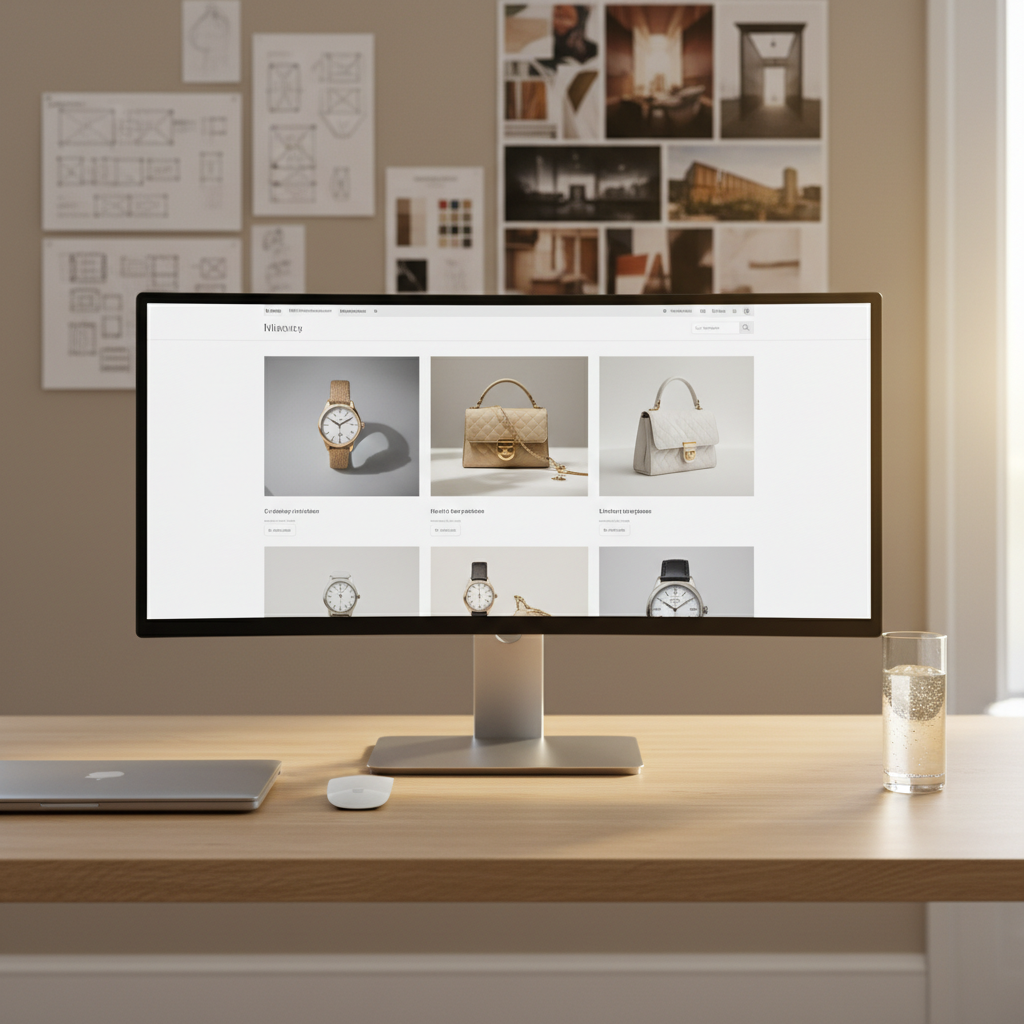 An elegant desktop scene in photographic realism, featuring a large ultrawide monitor on a light oak desk displaying a sleek e-commerce website with high-end product photography and refined UI elements. Next to the monitor, a closed silver laptop, a minimal wireless mouse, and a thin glass of sparkling water sit carefully spaced, emphasizing calm productivity. In the softly blurred background, several printed wireframes and mood boards are pinned to a neutral wall, hinting at strategic planning. Warm, indirect afternoon light enters from the right, creating a gentle golden glow along the desk edge and subtle reflections on the glass surface. Captured at eye level with a slightly wide lens, the composition feels balanced, spacious, and sophisticated, conveying a sense of meticulous digital craftsmanship and premium online store design.