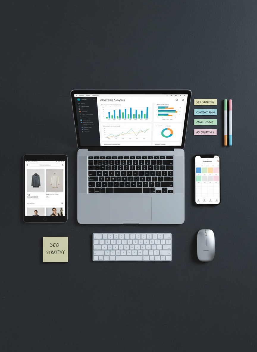 A high-end, photographic flat lay of multiple digital devices arranged on a deep charcoal background: an open laptop displaying a detailed advertising analytics dashboard, a smartphone with a social media content calendar, and a tablet featuring a stylish online store interface. Between them lie neatly aligned sticky notes with color-coded markers, a slim wireless keyboard, and a metallic mouse, suggesting orchestrated strategy. Cool, diffused top lighting casts soft, even illumination with delicate shadows, enhancing the contrast between matte surfaces and glossy screens. The composition follows a clean grid, with negative space around the layout to evoke order and precision. The mood is analytical yet creative, perfectly representing integrated digital marketing services in a sophisticated, modern visual style.