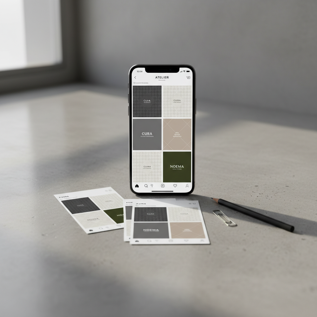 A refined, photographic composition of a smartphone standing upright on a polished concrete surface, its bright screen showing a meticulously arranged Instagram grid for a premium brand, with muted tones, consistent overlays, and elegant typography. Around the phone, a few printed mockups of posts and ad formats lie partially overlapping, edges perfectly aligned, next to a slim black pencil and a metallic clip. Soft, overcast window light from the left creates delicate shadows and subtle textures on the concrete, while the background softly blurs into neutral grey, keeping the focus on the content strategy. Framed using the rule of thirds and a shallow depth of field, the mood is calm, curated, and sophisticated, ideal to represent social media content planning for discerning brands.